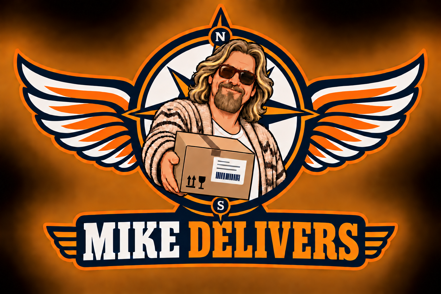 Mike Delivers logo: a blond courier carrying a package inside a winged compass.
